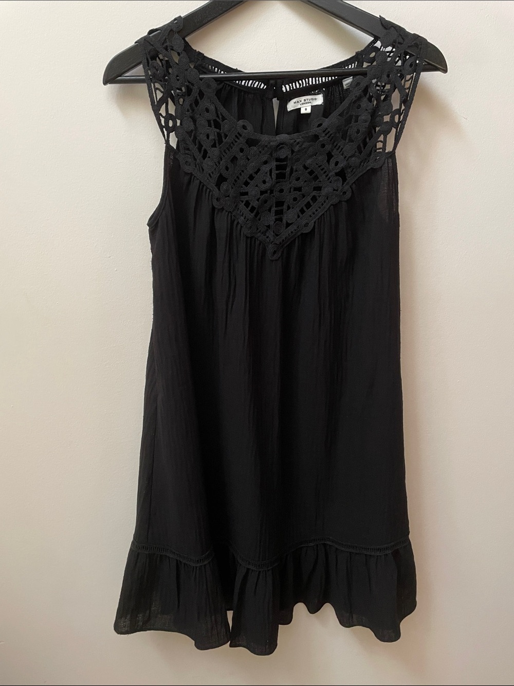 Max Studio Black Crochet Lace Mini Tiered Ruffle Hem Dress